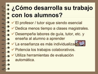 ¿Cómo desarrolla su trabajo con los alumnos? El profesor / tutor sigue siendo esencial  Dedica menos tiempo a clases magistrales.  Desempeña labores de guía, tutor, etc. y enseña al alumno a aprender  La enseñanza es más individualizada.  Potencia los trabajos colaborativos.  Utiliza herramientas de evaluación automática. 