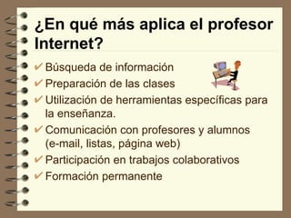 ¿En qué más aplica el profesor Internet? Búsqueda de información  Preparación de las clases  Utilización de herramientas específicas para la enseñanza.  Comunicación con profesores y alumnos (e-mail, listas, página web) Participación en trabajos colaborativos Formación permanente 