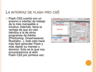 LA INTERFAZ DE FLASH PRO CS5
   Flash CS5 cuenta con un
    entorno o interfaz de trabajo
    de lo más manejable e
    intuitiva. Además, tiene la
    ventaja de que es casi
    idéntica a la de otros
    programas de Adobe
    (Photoshop, Dreamweaver,
    Illustrator...), todo esto hace
    más fácil aprender Flash y
    más rápido su manejo y
    dominio. Esto es lo que nos
    encontraremos al abrir
    Flash CS5 por primera vez:
 
