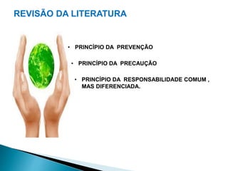REVISÃO DA LITERATURA 
• PRINCÍPIO DA PREVENÇÃO 
• PRINCÍPIO DA PRECAUÇÃO 
• PRINCÍPIO DA RESPONSABILIDADE COMUM , 
MAS DIFERENCIADA. 
 