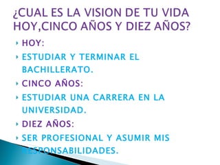 HOY: ESTUDIAR Y TERMINAR EL BACHILLERATO. CINCO AÑOS: ESTUDIAR UNA CARRERA EN LA UNIVERSIDAD. DIEZ AÑOS: SER PROFESIONAL Y ASUMIR MIS RESPONSABILIDADES. 