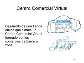 Centro Comercial Virtual
Desarrollo de una tienda
online que simula un
Centro Comercial Virtual
formado por los
comercios de barrio o
zona
10
 
