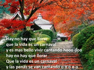 Hay no hay que llorarque la vida es un carnavaly es mas bello vivir cantando hooo ooo hay no hay que llorarQue la vida es un carnavaly las penas se van cantando o o o o o 
