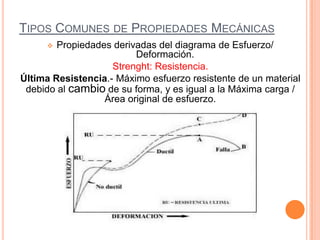 TIPOS COMUNES DE PROPIEDADES MECÁNICAS
 Propiedades derivadas del diagrama de Esfuerzo/
Deformación.
Strenght: Resistencia.
Última Resistencia.- Máximo esfuerzo resistente de un material
debido al cambio de su forma, y es igual a la Máxima carga /
Área original de esfuerzo.
 