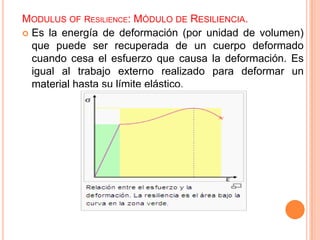 MODULUS OF RESILIENCE: MÓDULO DE RESILIENCIA.
 Es la energía de deformación (por unidad de volumen)
que puede ser recuperada de un cuerpo deformado
cuando cesa el esfuerzo que causa la deformación. Es
igual al trabajo externo realizado para deformar un
material hasta su límite elástico.
 