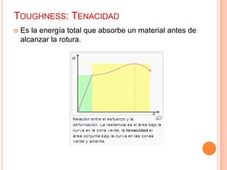 TOUGHNESS: TENACIDAD
 Es la energía total que absorbe un material antes de
alcanzar la rotura.
 