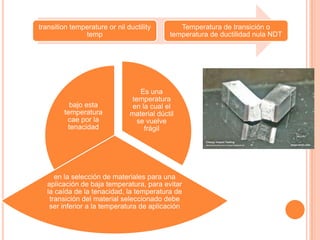 transition temperature or nil ductility
temp
Temperatura de transición o
temperatura de ductilidad nula NDT
Es una
temperatura
en la cual el
material dúctil
se vuelve
frágil
en la selección de materiales para una
aplicación de baja temperatura, para evitar
la caída de la tenacidad, la temperatura de
transición del material seleccionado debe
ser inferior a la temperatura de aplicación
bajo esta
temperatura
cae por la
tenacidad
 