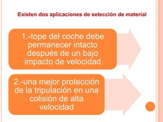 1.-tope del coche debe
permanecer intacto
después de un bajo
impacto de velocidad
2.-una mejor protección
de la tripulación en una
colisión de alta
velocidad
Existen dos aplicaciones de selección de material
 