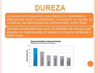 La dureza es la oposición que ofrecen los materiales a
alteraciones como la penetración, la abrasión, el rayado, la
cortadura, las deformaciones permanentes; entre otras.
También puede definirse como la cantidad de energía que
absorbe un material ante un esfuerzo antes de romperse o
deformarse.
 