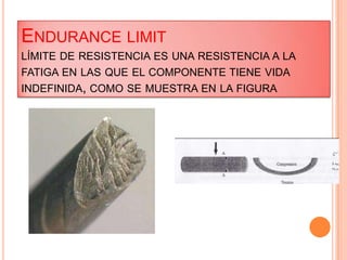 ENDURANCE LIMIT
LÍMITE DE RESISTENCIA ES UNA RESISTENCIA A LA
FATIGA EN LAS QUE EL COMPONENTE TIENE VIDA
INDEFINIDA, COMO SE MUESTRA EN LA FIGURA
 