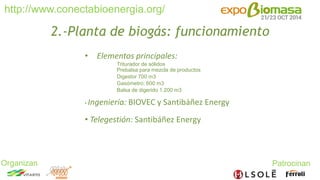 http://www.conectabioenergia.org/ 
Organizan Patrocinan 
2.-Planta de biogás: funcionamiento 
• Elementos principales: 
Triturador de sólidos 
Prebalsa para mezcla de productos 
Digestor 700 m3 
Gasómetro: 600 m3 
Balsa de digerido 1.200 m3 
• Ingeniería: BIOVEC y Santibáñez Energy 
• Telegestión: Santibáñez Energy 
 