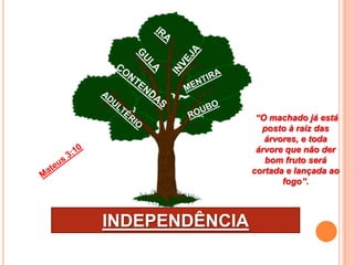“O machado já está
                  posto à raiz das
                   árvores, e toda
                 árvore que não der
                   bom fruto será
                cortada e lançada ao
                       fogo”.



INDEPENDÊNCIA
 