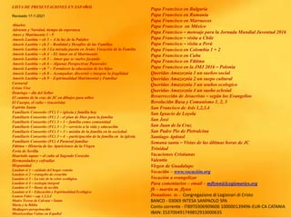 LISTA DE PRESENTACIONES EN ESPAÑOL
Revisado 17-1-2021
Abuelos
Adviento y Navidad, tiempo de esperanza
Amor y Matrimonio 1 - 9
Amoris Laetitia – ch 1 – A la luz de la Palabre
Amoris Laetitia – ch 2 – Realidad y Desafíos de las Familias
Amoris Laetitia – ch 3 La mirada puesta en Jesús: Vocación de la Familia
Amoris Laetitia – ch 4 - El Amor en el Matrimonio
Amoris Laetitia – ch 5 – Amor que se vuelve fecundo
Amoris Laetitia – ch 6 – Algunas Perspectivas Pastorales
Amoris Laetitia – ch 7 – Fortalecer la educacion de los hijos
Amoris Laetitia – ch 8 – Acompañar, discernir e integrar la fragilidad
Amoris Laetitia – ch 9 – Espiritualidad Matrimonial y Familiar
Carnaval
Cristo Vive
Domingo – día del Señor
El camino de la cruz de JC en dibujos para niños
El Cuerpo, el culto – (eucarisía)
Espíritu Santo
Familiaris Consortio (FC) 1 – iglesia y familia hoy
Familiaris Consortio (FC) 2 - el plan de Dios para la familia
Familiaris Consortio (FC) 3 – 1 – familia como comunidad
Familiaris Consortio (FC) 3 – 2 – servicio a la vida y educación
Familiaris Consortio (FC) 3 – 3 – misión de la familia en la sociedad
Familiaris Consortio (FC) 3 – 4 - participación de la familia en la iglesia
Familiaris Consortio (FC) 4 Pastoral familiar
Fátima – Historia de las Apariciones de la Virgen
Feria de Sevilla
Haurietis aquas – el culto al Sagrado Corazón
Hermandades y cofradías
Hispanidad
Laudato si 1 – cuidado del hogar común
Laudato si 2 – evangelio de creación
Laudato si 3 – La raíz de la crisis ecológica
Laudato si 4 – ecología integral
Laudato si 5 – líneas de acción
Laudato si 6 – Educación y Espiritualidad Ecológica
Lumen Fidei – cap 1,2,3,4
Madre Teresa de Calcuta – Santa
María y la Biblia
Medjugore peregrinación
Misericordiae Vultus en Español
Papa Francisco en Bulgaria
Papa Francisco en Rumania
Papa Francisco en Marruecos
Papa Francisco en México
Papa Francisco – mensaje para la Jornada Mundial Juventud 2016
Papa Francisco – visita a Chile
Papa Francisco – visita a Perú
Papa Francisco en Colombia 1 + 2
Papa Francisco en Cuba
Papa Francisco en Fátima
Papa Francisco en la JMJ 2016 – Polonia
Queridas Amazoznia 1 un sueños social
Queridas Amazoznia 2 un suepo cultural
Queridas Amazoznia 3 un seuños ecologico
Queridas Amazoznia 4 un sueño eclesial
Resurrección de Jesucristo – según los Evangelios
Revolución Rusa y Comunismo 1, 2, 3
San Francisco de Asis 1,2,3,4
San Ignacio de Loyola
San José
San Juan de la Cruz
San Padre Pio de Pietralcina
Santiago Apóstol
Semana santa – Vistas de las últimas horas de JC
Trinidad
Vacaciones Cristianas
Valentín
Virgen de Guadalupe
Vocación – www.vocación.org
Vocación a evangelizar
Para comentarios – email – mflynn@lcegionaries.org
fb – martin m. flynn
Donations to - Congregazione di Legionari di Cristo
BANCO - 03069 INTESA SANPAOLO SPA
Conto corrente - IT89T0306909606 100000139496-EUR-CA CATANIA
IBAN: ES3700491749852910000635
 