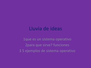 Lluvia de ideas
  1que es un sistema operativo
    2para que sirve? funciones
3 5 ejemplos de sistema operativo
 