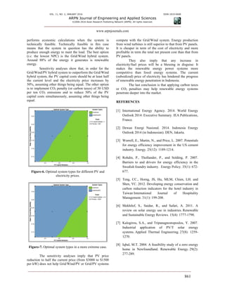 VOL. 11, NO. 2, JANUARY 2016 ISSN 1819-6608
ARPN Journal of Engineering and Applied Sciences
©2006-2016 Asian Research Publishing Network (ARPN). All rights reserved.
www.arpnjournals.com
861
performs economic calculations when the system is
technically feasible. Technically feasible in this case
means that the system in question has the ability to
produce enough energy to meet the load. The best option
(i.e. the lowest NPC) is the Grid/Wind hybrid system.
Around 88% of the energy it generates is renewable
energy.
Sensitivity analyses show that, in order for the
Grid/Wind/PV hybrid system to outperform the Grid/Wind
hybrid system, the PV capital costs should be at least half
the current level and the electricity price increases by
50%, assuming other things being equal. The other option
is to implement CO2 penalty (or carbon taxes) of 50 USD
per ton CO2 emissions and to reduce 50% of the PV
capital costs simultaneously, assuming other things being
equal.
Figure-6. Optimal system types for different PV and
electricity prices.
Figure-7. Optimal system types in a more extreme case.
The sensitivity analyses imply that PV price
reduction to half the current price (from $3000 to $1500
per kW) does not help Grid/Wind/PV or Grid/PV systems
compete with the Grid/Wind system. Energy production
from wind turbines is still superior to that from PV panels.
It is cheaper in term of the cost of electricity and more
profitable in term the total net present cost than that from
PV panels.
They also imply that any increase in
electricity/fuel prices will be a blessing in disguise: It
makes the renewable energy power systems more
competitive than fossil energy systems. The current
(subsidized) price of electricity has hindered the progress
of renewable energy penetration in Indonesia.
The last conclusion is that applying carbon taxes
or CO2 penalties may help renewable energy systems
penetrate deeper into the market.
REFERENCES
[1] International Energy Agency. 2014. World Energy
Outlook 2014: Executive Summary. IEA Publications,
France.
[2] Dewan Energi Nasional. 2014. Indonesia Energy
Outlook 2014 (in Indonesian). DEN, Jakarta.
[3] Worrell, E., Martin, N., and Price, L. 2007. Potentials
for energy efficiency improvement in the US cement
industry. Energy. 25(12): 1189-1214.
[4] Rohdin, P., Thollander, P., and Solding, P. 2007.
Barriers to and drivers for energy efficiency in the
Swedish foundry industry. Energy Policy. 35(1): 672-
677.
[5] Teng, CC., Horng, JS, Hu, MLM, Chien, LH. and
Shen, YC. 2012. Developing energy conservation and
carbon reduction indicators for the hotel industry in
Taiwan International Journal of Hospitality
Management. 31(1): 199-208.
[6] Mekhilef, S., Saidur, R., and Safari, A. 2011. A
review on solar energy use in industries. Renewable
and Sustainable Energy Reviews. 15(4): 1777-1790.
[7] Kalogirou, S.A., and Tripanagnostopoulos, Y. 2007.
Industrial application of PV/T solar energy
systems. Applied Thermal Engineering. 27(8): 1259-
1270.
[8] Iqbal, M.T. 2004. A feasibility study of a zero energy
home in Newfoundland. Renewable Energy. 29(2):
277-289.
 