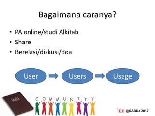 Bagaimana caranya?
• PA online/studi Alkitab
• Share
• Berelasi/diskusi/doa
User Users Usage
@SABDA 2017
 