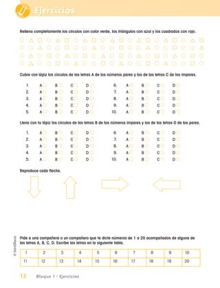 Ejercicios

               Rellena completamente los círculos con color verde, los triángulos con azul y los cuadrados con rojo.

                       r £                    r £                      r £           r £                r £              r £              r £
                         r                      £                        r             £                  r                £                r
                       r                  £            r               £         r         £            r            £           r        £
                       r                      £                r                 £         r                 £           r                £

               Cubre con lápiz los círculos de las letras A de los números pares y los de las letras C de los impares.

                    1.            A           B            C           D              6.       A         B           C           D
                    2.            A           B            C           D              7.       A         B           C           D
                    3.            A           B            C           D              8.       A         B           C           D
                    4.            A           B            C           D              9.       A         B           C           D
                    5.            A           B            C           D             10.       A         B           C           D

               Llena con tu lápiz los círculos de las letras B de los números impares y los de las letras D de los pares.

                    1.            A           B            C           D              6.       A         B           C           D
                    2.            A           B            C           D              7.       A         B           C           D
                    3.            A           B            C           D              8.       A         B           C           D
                    4.            A           B            C           D              9.       A         B           C           D
                    5.            A           B            C           D             10.       A         B           C           D

               Reproduce cada flecha.




               Pide a una compañera o un compañero que te dicte números de 1 a 20 acompañados de alguna de
               las letras A, B, C, D. Escribe las letras en la siguiente tabla.

                   1                  2           3                4         5        6            7             8           9       10

                  11              12              13           14          15        16            17        18          19          20


               12             Bloque 1 • Ejercicios


aprobado 5 Bloque 1 y 2.indd 12                                                                                                               9/24/07 12:14:30 PM
 