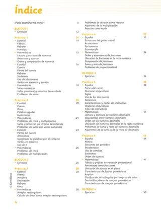 Índice
               ¡Para examinarme mejor!                           6     Problemas de división como reparto
                                                                       Algoritmo de la multiplicación
               BLOQUE 1                                                Fracción como razón
               ü Ejercicios                                     12
                                                                     Práctica 4                                            32
               Práctica 1                                       14   ü Español                                             32
               ü Español                                        14     Estructura del guión teatral
                 Fábula                                                Acotaciones
                 Refranes                                              Parlamentos
                 Moraleja                                              Escenografía
               ü Matemáticas                                    15   ü Matemáticas                                         34
                 Lectura y escritura de números                        Orden y equivalencia de fracciones
                 Antecesor y sucesor                                   Ubicación de fracciones en la recta numérica
                 Orden y comparación de números                        Comparación de fracciones
               ü Español                                        16     Suma y resta de fracciones
                 Cuento                                                Problemas de proporcionalidad
                 Partes del cuento
                 Refranes                                            BLOQUE 3
                 Sinónimos                                           ü Ejercicios                                          36
                 Uso del diccionario
                 Verbos en presente y pasado                         Práctica 5                                            38
               ü Matemáticas                                    18   ü Español                                             38
                 Series numéricas                                      Partes del cartel
                 Valor posicional y notación desarrollada              Oraciones imperativas
                 Problemas de suma                                     Siglas
                                                                       Uso de los dos puntos
               Práctica 2                                       20     Sinónimos
               ü Español                                        20     Características y partes del instructivo
                 Poema                                                 Oraciones imperativas
                 Rima                                                  Tipos de instructivos
                 Palabras agudas                                     ü Matemáticas                                         41
                 Guión largo                                           Lectura y escritura de números decimales
               ü Matemáticas                                    21     Equivalencia entre números decimales
                 Problemas de resta y multiplicación                   Orden de los números decimales
                 Suma y resta con un término desconocido               Ubicación de números decimales en la recta numérica
                 Problemas de suma con varios sumandos                 Problemas de suma y resta de números decimales
               ü Español                                        23     Algoritmos de la suma y de la resta de decimales
                 Partes del cuento
                 Antónimos                                           Práctica 6                                            44
                 Significado de palabras por el contexto             ü Español                                             44
                 Verbos en presente                                    Noticia
                 Uso de h                                              Secciones del periódico
               ü Matemáticas                                    25     Encabezados
                 Problemas de resta                                    Uso de comillas
                 Problemas de multiplicación                           Sinónimos
                                                                       Orden de sucesos
               BLOQUE 2                                              ü Matemáticas                                         47
               ü Ejercicios                                     26     Tablas y gráficas de variación proporcional
                                                                       Porcentajes como fracciones
               Práctica 3                                       28     Ubicación de puntos en el plano
               ü Español                                        28     Características de figuras geométricas
                 Poema                                                 Ángulos
                 Metáfora                                              Clasificación de triángulos por longitud de lados
                 Descripción                                           Desarrollos planos de cuerpos geométricos
                 Refranes                                              Características de cuerpos geométricos
                 Rima
               ü Matemáticas                                    30   BLOQUE 4
                 Arreglos rectangulares                              ü Ejercicios                                          50
                 Cálculo de áreas como arreglos rectangulares

               4

aprobado 5 Bloque 1 y 2.indd 4                                                                                             9/24/07 12:14:16 PM
 