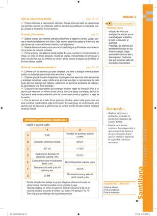 Santillana
27
Un
paso
adelante
• Elabore el siguiente cuadro.
1 2
A 2 346
Veintitrés mil quinientos sesenta
y nueve
B Doscientos veinticinco mil doce 409 231
C 837 192 417 643
D
Cuatrocientos diecisiete mil
seiscientos cuarenta y tres
225 012
E
Cuatrocientos nueve mil doscientos
treinta y uno
Dos mil trescientos cuarenta y seis
F
Setecientos cincuenta y dos mil
setenta y seis
752 076
G 23 569
Ochocientos treinta y siete mil
ciento noventa y dos
• Permita a los alumnos trabajar en grupos. Haga que observen el cuadro por
varios minutos mientras les explica en qué consiste el juego.
Tape las casillas y por turnos, los alumnos deberán mencionar la fila con la
columna donde se encuentra el número y su lectura. Por ejemplo: F2 y F1.
Gana el grupo que obtenga más respuestas correctas.
Taller de solución de problemas (págs. 36 - 37)
➤ Propicie la lectura e interpretación del texto. Recoja opiniones sobre las operaciones
que permitan resolver los problemas, pidiendo siempre que justifiquen su respuesta. Lue-
go, proceda a resolverlos con los alumnos.
El mundo y los números (pág. 41)
➤ Elabore tarjetas con números ordinales del primero al trigésimo número. Luego, colo-
que y mezcle las tarjetas en una bolsa. Cada alumno sacará una tarjeta y dirá en voz alta
qué número es, cuál es el número anterior y cuál el posterior.
➤ Realice diversos dictados cortos para reconocer los logros y dificultades sobre la escri-
tura y lectura de números ordinales.
➤ Forme grupos y pida elaborar treinta tarjetas. En unas, escriben un número ordinal en
cifras y en otras, en letras. Después, mezcle las tarjetas, intercámbielas con otro grupo y
pida a los alumnos que las ordenen por cifras o letras. Ganará el equipo que lo realice en
el menor tiempo posible.
Fichas de razonamiento matemático (págs. 42 - 43)
➤ Comente con los alumnos que para completar una serie o analogía numérica deben
probar con todas las operaciones hasta encontrar la regla.
➤ Organice grupos de cuatro integrantes, propóngales crear ejercicios sobre secuencias
y analogías numéricas. Luego, solicite a los alumnos que elijan un representante de cada
grupo para que exponga sus trabajos; y seleccione los ejercicios apropiados de cada gru-
po para elaborar una ficha de trabajo.
➤ Coloque en una caja tarjetas que contengan distintas reglas de formación. Pida a un
alumno que mencione un número de tres cifras y a otro que saque una tarjeta y escriba en
la pizarra la serie correspondiente a partir del número mencionado y siguiendo la regla de
formación.
➤ Con los alumnos en el patio, forme grupos en círculos y pida a cada grupo crear una
serie numérica indicándole la regla de formación. En cada grupo se irá eliminando a los
alumnos que se equivocan y ganará el que no cometa errores. De esta manera, reforzará
el cálculo mental. Recuerde...
• Realizar ejercicios y
problemas teniendo en
cuenta las estrategias de
cálculo mental.
• Insistir en la lectura,
escritura, descomposición y
aproximación de números
de seis cifras para lograr
que los alumnos adquieran
la seguridad y destreza
necesarias.
UNIDAD 2
ACTIVIDADES CON MATERIAL MANIPULABLE
RECURSOS PARA EL PROFESOR
Fichas de refuerzo.
Ficha de ampliación.
Ficha de evaluación.
Punto de encuentro
PERSONAL SOCIAL
• Indique a los niños que
averigüen los años en que se
inventó el papel, el teléfono,
la radio, la televisión, el
automóvil.
Proponga a los alumnos que
representen los años en una
línea cronológica. Luego,
que escriban cómo se leen y
descomponen. Finalmente,
pida que aproximen cada año
a la decena más cercana.
025_032U02GM4.indd 27
025_032U02GM4.indd 27 1/11/06 3:13:16 PM
1/11/06 3:13:16 PM
 