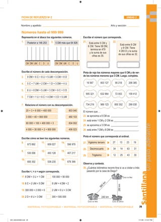 5
6
0
k
m
240 km
280
km
Posterior a 146 253 5 DM más que 64 826
1. 2.
CM DM UM C D U CM DM UM C D U
20 + 3 + 6 000 + 400 000 803 040
3 000 + 40 + 800 000 460 103
60 000 + 100 + 400 000 + 3 834 002
4 000 + 30 000 + 2 + 800 000 406 023
673 892 609 027 598 979
530 006 493 128 407 217
600 302 539 235 678 399
Está entre 5 CM y
6 CM. Tiene 58 DM,
termina en 479
y la suma de sus
cifras es 35.
Está entre 8 CM
y 9 CM. Tiene
4 283 D y la suma
de sus cifras es 32.
21. 22.
19 567 853 127 95 218 208 385
905 321 632 964 72 053 109 412
734 219 989 123 800 302 299 030
CASA DE INÉS CASA DE DIEGO
CASA DE ANA
Santillana
29
Un
paso
adelante
MATERIAL FOTOCOPIABLE • MATERIAL FOTOCOPIABLE • MATERIAL FOTOCOPIABLE
Nombre y apellido: _________________________________________________ Año y sección: _________
FICHA DE REFUERZO No
2 UNIDAD 2
Números hasta el 999 999
Escribe el número que corresponda.
Pinta de rojo los números mayores que 6 CM y de ver-
de los números menores que 3 CM. Luego, completa.
El número que …
23. se aproxima a 8 CM es ______________________.
24. está entre 1 CM y 2 CM es ____________________.
25. se aproxima a 3 CM es ______________________.
26. está entre 7 DM y 8 DM es ____________________.
Pinta el número que corresponda al ordinal.
27. 27 13 23 19
Vigésimo tercero
28. 34 14 63 31
Decimocuarto
29. 12 25 43 30
Trigésimo
Observa y contesta.
30.¿Cuántos kilómetros recorre Ana si va a visitar a Inés
pasando por la casa de Diego?
Representa en el ábaco los siguientes números.
Escribe el número de cada descomposición.
3. 9 DM + 6 C + 8 U + 5 UM + 3 CM + 8 D
4. 5 C + 7 UM + 2 CM + 1 D + 3 DM + 4 U
5. 6 U + 8 DM + 5 UM + 3 CM + 9 C + 5 D
6. 7 CM + 1 U + 6 C + 4 DM + 3 D + 5 UM
7. Relaciona el número con su descomposición.
Escribe cómo se leen los siguientes números.
8. 11. 14.
9. 12. 15.
10. 13. 16.
Escribe ,  o = según corresponda.
17.8 DM + 3 U + 1 CM 100 000 + 90 000
18.6 C + 2 UM + 5 DM 8 UM + 4 DM + 2
19.300 000 + 2 000 + 6 2 UM + 6 U + 3 CM
20.2 D + 8 U + 3 DM 300 + 500 000
025_032U02GM4.indd 29
025_032U02GM4.indd 29 1/11/06 3:13:21 PM
1/11/06 3:13:21 PM
 