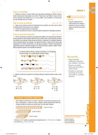 18
9
4
36 10
4
5
20 x
7
8
56
Un artesano elabora collares y pulseras ensartando en un hilo figuritas
hechas de arcilla. ¿Con cuáles deberá continuar? Dibuja.
Santillana
67
Un
paso
adelante
UNIDAD 7
Punto de encuentro
TALLERES
• Propicie la elaboración de
adornos tales como collares o
pulseras en los que se utilicen
piezas que forman secuencias
gráficas.
Recuerde...
• Dejar claramente
establecida la diferencia
entre múltiplos y divisores.
• Proponer actividades
diarias para desarrollar el
cálculo mental.
• Fomentar la creatividad
al momento de inventar
series gráficas y analogías
numéricas.
RECURSOS PARA EL PROFESOR
Fichas de refuerzo
Ficha de ampliación
Ficha de evaluación
• Para trabajar los divisores de un número, organice a los alumnos por grupos de tra-
bajo y entrégueles un juego de cubitos y pregunte cuántas disposiciones diferentes
de igual cantidad de columnas se puede hacer con todos ellos. Ejemplo:
Entonces, con 12 cubitos se pueden hacer disposiciones de 1 × 12; 2 × 6; 3 × 4 cubitos
por columna: D(12)
= {1; 2; 3; 4; 6; 12}
ACTIVIDADES CON MATERIAL MANIPULABLE
1 de 12 ó 12 de 1
2 de 6 ó 6 de 2
3 de 4 ó 4 de 3
Criterios de divisibilidad (págs. 128 - 129)
➤ Dedique al menos 5 minutos diarios para desarrollar estrategias de cálculo mental a
través de preguntas relacionadas con el tema. Podría pedir, que hallen el mayor número
de tres cifras que sea divisible por 2 y 3 a la vez (996); o que completen un número para
que sea divisible entre otro número.
Taller de solución de problemas (págs. 130 - 131)
➤ Haga que los alumnos observen detenidamente los gráficos de modo que los datos
inventados estén relacionados con el problema.
➤ Fomente la argumentación de respuestas.
➤ Motive a los alumnos a crear sus propios problemas siguiendo la estrategia propuesta.
Fichas de razonamiento matemático (págs. 134 - 135)
➤ Anime a los alumnos a proponer sus propias series gráficas. Se recomienda que desde los
primeros grados los niños exploren patrones. Esto se puede hacer a partir del diseño de traba-
jos artísticos que contengan ciertas secuencias (trenes o serpientes con materiales didácticos
como los bloques lógicos, que respeten una regla de formación, o dibujos y frisos donde haya
regularidad en el número de elementos o en las figuras trazadas), o también reconociendo la
regularidad presente en diferentes arreglos como cintas decorativas, tapetes o textiles. Presén-
teles la siguiente situación como actividad de extensión:
➤ Motive a los alumnos a proponer sus propias analogías numéricas usando en ello su crea-
tividad.
9 × 4 = 36 4 × 5 = 20 7 × 8 = 56
36 : 2 = 18 20 : 2 = 10 56 : 2 = 28
x = 28
065_072U07GM4.indd 67
065_072U07GM4.indd 67 1/11/06 11:21:03 AM
1/11/06 11:21:03 AM
 