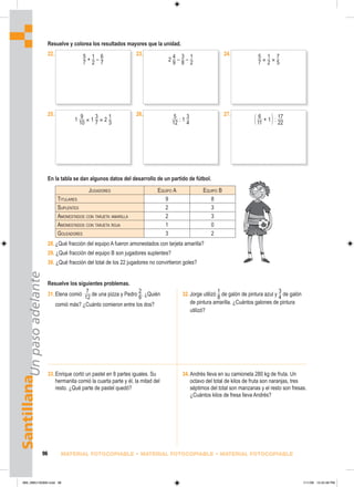 5
_
7
+
1
_
2
–
6
_
7
5
_
7
×
1
_
2
×
7
_
5
2
4
_
9
–
3
_
8
–
1
_
2
1
9
__
10
× 1
3
_
7
× 2
1
_
3 ( 6
__
11
+ 1):
17
__
22
5
__
12
: 1
3
_
4
Santillana
Un
paso
adelante
96 MATERIAL FOTOCOPIABLE • MATERIAL FOTOCOPIABLE • MATERIAL FOTOCOPIABLE
Resuelve y colorea los resultados mayores que la unidad.
22. 23. 24.
25. 26. 27.
En la tabla se dan algunos datos del desarrollo de un partido de fútbol.
JUGADORES EQUIPO A EQUIPO B
TITULARES 9 8
SUPLENTES 2 3
AMONESTADOS CON TARJETA AMARILLA 2 3
AMONESTADOS CON TARJETA ROJA 1 0
GOLEADORES 3 2
28.¿Qué fracción del equipo A fueron amonestados con tarjeta amarilla?
29. ¿Qué fracción del equipo B son jugadores suplentes?
30. ¿Qué fracción del total de los 22 jugadores no convirtieron goles?
31.Elena comió
7
__
12
de una pizza y Pedro
2
_
6
. ¿Quién
comió más? ¿Cuánto comieron entre los dos?
32.Jorge utilizó
1
_
8
de galón de pintura azul y
3
_
4
de galón
de pintura amarilla. ¿Cuántos galones de pintura
utilizó?
Resuelve los siguientes problemas.
33.Enrique cortó un pastel en 8 partes iguales. Su
hermanita comió la cuarta parte y él, la mitad del
resto. ¿Qué parte de pastel quedó?
34.Andrés lleva en su camioneta 280 kg de fruta. Un
octavo del total de kilos de fruta son naranjas, tres
séptimos del total son manzanas y el resto son fresas.
¿Cuántos kilos de fresa lleva Andrés?
089_096U10GM4.indd 96
089_096U10GM4.indd 96 1/11/06 12:42:48 PM
1/11/06 12:42:48 PM
 