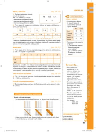 1,2 7,81
5,4 2,36
3,7
Santillana
99
Un
paso
adelante
Adición y sustracción (págs. 204 - 205)
➤ Escriba en la pizarra el siguiente
conjunto de números.
Pida a los alumnos que busquen:
- Dos números cuya diferencia es 3,5.
- Dos números cuya diferencia es 5,09.
- Dos números cuya diferencia es 6,66.
➤ Forme grupos de tres alumnos y pídales que elaboren las tarjetas y el tablero que a
continuación presentamos:
8,96 10,3 11,37 11,46 12,71 16,91
Cada grupo buscará y escribirá en la casilla correspondiente los números de tres tarjetas
cuya suma sea cada uno de los números indicados en el tablero. El grupo que complete la
tabla en el menor tiempo posible será el ganador.
Multiplicación (págs. 206 - 207)
➤ Forme grupos de tres alumnos, reparta a cada grupo tres lápices de distintos colores,
un dado y una copia de la siguiente tabla:
× 1 × 2 × 3 × 4 × 5 × 6
3,7
5,69
12,871
Cada alumno, por orden, tirará el dado. Calculará el producto de uno de los números de
la primera columna por el número obtenido en el dado y escribirá el resultado en la casilla
correspondiente. Si ya está calculado el producto, pasará el turno al siguiente jugador. Una
vez completada la tabla, ganará el alumno que más productos haya calculado.
Taller de solución de problemas (págs. 208 - 209)
➤ Pida a los alumnos que reformulen el problema para que el dato que sobra sea utiliza-
do y el dato que sobre sea otro.
Fichas de razonamiento matemático (págs. 212 - 213)
➤ Cerciórese que los alumnos hayan identificado la operación que se aplica en la pirámi-
de numérica.
RECURSOS PARA EL PROFESOR
Fichas de refuerzo
Ficha de ampliación
Ficha de evaluación
UNIDAD 11
Punto de encuentro
CIENCIA Y AMBIENTE
• Proporcione a los alumnos
la siguiente lista con la
composición en gramos de
algunos alimentos.
Pan Leche
Agua 36 87,3
Proteínas 8,5 3,3
Lípidos 2 4
Hidratos de
carbono
52 4,9
• Puede proponer las siguientes
preguntas:
- ¿Qué cantidad de proteínas
consumimos al tomar 3
vasos de leche?
- ¿En qué alimento es mayor
la cantidad de hidratos de
carbono?
Recuerde...
• Hacer notar a los
alumnos que en los
números digitales (de
una calculadora, un
termómetro o una báscula
digital…) la coma del
número decimal se
representa con un punto.
• Considerar que cuando la
parte entera de un número
decimal es cero, debe
leerse directamente el
número:
0,98 se lee 98 centésimos
• Recalcar que cuando un
número decimal termina
en cero, se puede escribir
sin ese cero.
Por ejemplo:
0,50 = 0,5
8,60 = 8,6
Serie de fracciones decimales
• Forme parejas y proporcióneles tarjetas como, por ejemplo, de las siguientes series.
• Pídales que continúen la serie, dibujando tres términos más y debajo de cada dibujo
la fracción decimal que representa la parte pintada.
ACTIVIDADES CON MATERIAL MANIPULABLE
7,5 9,09 5,34
4 12
097_104U11GM4.indd 99
097_104U11GM4.indd 99 1/11/06 12:54:02 PM
1/11/06 12:54:02 PM
 