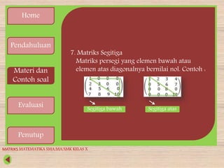 Home
Pendahuluan
Materi dan
Contoh soal
Evaluasi
Penutup
7. Matriks Segitiga
Matriks persegi yang elemen bawah atau
elemen atas diagonalnya bernilai nol. Contoh :
Segitiga atasSegitiga bawah
MATRIKS MATEMATIKA SMA/MA/SMK KELAS X
 