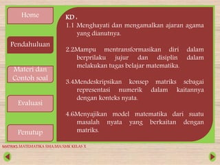 Home
Pendahuluan
Materi dan
Contoh soal
Evaluasi
Penutup
KD :
1.1 Menghayati dan mengamalkan ajaran agama
yang dianutnya.
2.2Mampu mentransformasikan diri dalam
berprilaku jujur dan disiplin dalam
melakukan tugas belajar matematika.
3.4Mendeskripsikan konsep matriks sebagai
representasi numerik dalam kaitannya
dengan konteks nyata.
4.6Menyajikan model matematika dari suatu
masalah nyata yang berkaitan dengan
matriks.
MATRIKS MATEMATIKA SMA/MA/SMK KELAS X
 
