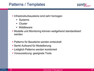 Patterns / Templates 
 Infrastrukturbausteine sind sehr homogen 
 Systeme 
 Cluster 
 Middleware 
 Modelle und Monitoring können weitgehend standardisiert 
werden 
 Patterns für Bausteine werden entwickelt 
 Senkt Aufwand für Modellierung 
 Lediglich Patterns werden kombiniert 
 Voraussetzung: geeignete Tools 
© Copyright 
28 santix AG 2014 Optimiertes IT Management 
28 
 