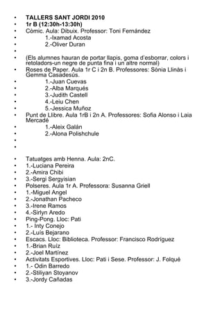 TALLERS SANT JORDI 2010 1r B (12:30h-13:30h) Còmic. Aula: Dibuix. Professor: Toni Fernández 1.-Ixamad Acosta 2.-Oliver Duran (Els alumnes hauran de portar llapis, goma d’esborrar, colors i retoladors-un negre de punta fina i un altre normal) Roses de Paper. Aula 1r C i 2n B. Professores: Sònia Llinàs i Gemma Casadesús. 1.-Juan Cuevas 2.-Alba Marqués 3.-Judith Castell 4.-Leiu Chen 5.-Jessica Muñoz Punt de Llibre. Aula 1rB i 2n A. Professores: Sofia Alonso i Laia Mercadé 1.-Aleix Galán 2.-Alona Polishchule Tatuatges amb Henna. Aula: 2nC. 1.-Luciana Pereira 2.-Amira Chibi 3.-Sergi Sergyisian Polseres. Aula 1r A. Professora: Susanna Griell 1.-Miguel Angel 2.-Jonathan Pacheco 3.-Irene Ramos 4.-Sirlyn Aredo Ping-Pong. Lloc: Pati 1.- Inty Conejo 2.-Luís Bejarano Escacs. Lloc: Biblioteca. Professor: Francisco Rodríguez 1.-Brian Ruíz 2.-Joel Martínez Activitats Esportives. Lloc: Pati i Sese. Professor: J. Folqué  1.- Odin Barredo 2.-Stiliyan Stoyanov 3.-Jordy Cañadas 