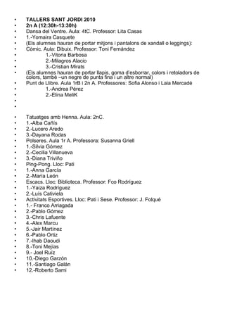 TALLERS SANT JORDI 2010 2n A (12:30h-13:30h) Dansa del Ventre. Aula: 4tC. Professor: Lita Casas 1.-Yomaira Casquete (Els alumnes hauran de portar mitjons i pantalons de xandall o leggings): Còmic. Aula: Dibuix. Professor: Toni Fernández 1.-Vitoria Barbosa 2.-Milagros Alacio 3.-Cristian Mirats (Els alumnes hauran de portar llapis, goma d’esborrar, colors i retoladors de colors, també –un negre de punta fina i un altre normal) Punt de Llibre. Aula 1rB i 2n A. Professores: Sofia Alonso i Laia Mercadé 1.-Andrea Pérez 2.-Elina MeliK Tatuatges amb Henna. Aula: 2nC. 1.-Alba Cañís 2.-Lucero Aredo 3.-Dayana Rodas Polseres. Aula 1r A. Professora: Susanna Griell 1.-Silvia Gómez 2.-Cecilia Villanueva 3.-Diana Triviño Ping-Pong. Lloc: Pati 1.-Anna García 2.-María León Escacs. Lloc: Biblioteca. Professor: Fco Rodríguez 1.-Yaiza Rodríguez 2.-Luís Cativiela Activitats Esportives. Lloc: Pati i Sese. Professor: J. Folqué  1.- Franco Arriagada 2.-Pablo Gómez 3.-Chris Lafuente 4.-Alex Marcu 5.-Jair Martínez 6.-Pablo Ortiz 7.-Ihab Daoudi 8.-Toni Mejías 9.- Joel Ruíz 10.-Diego Garzón 11.-Santiago Galán 12.-Roberto Sami 