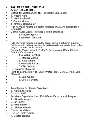 TALLERS SANT JORDI 2010 3r A (11:30h-12:30h) Dansa del Ventre. Aula: 4tC. Professor: Lita Casas 1.-Noemí Haro 2.-Verónica Martín 3.-Danna Moreno 4.-Marcela Domínguez (Els alumnes hauran de portar mitjons i pantalons de xandall o leggings): Còmic. Aula: Dibuix. Professor: Toni Fernández  1.-Andrey Ayyala 2.-Jaakson Barbosa (Els alumnes hauran de portar llapis, goma d’esborrar, colors i retoladors de colors, dels quals un haurà de ser punta fina i color negre i un altre punta normal) Roses de Paper. Aula 1r C i 2n B. Professores: Sònia Llinàs i Gemma Casadesús 1.-Viviana Sánchez 2.-Mónica Mocha 3.-Katty Oñate 4.-Manuela Parra 5.-Naji Boomar 6.-Estefani Echevarria Punt de Llibre. Aula 1rB i 2n A. Professores: Sofia Alonso i Laia Mercadé 1.-Laia Garcia 2.-Laura Vizcaino Tatuatges amb Henna. Aula: 2nC 1.-Harold Terceros 2.-Joan Llucià Activitats Esportives. Lloc: Pati i Sese. Professor: J. Folqué  1.- Ricardo Vargas 2.-Ian López 3.-Adrià Martín 4.- Sharon Garzón 5.-Jennifer Calvo 6.-Juan Pablo García 7.-Cristel Zepeda 