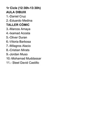 1r Cicle (12:30h-13:30h) AULA DIBUIX 1.-Daniel Cruz 2.-Eduardo Medina TALLER CÒMIC  3.-Marcos Amaya 4.-Ixamad Acosta 5.-Oliver Duran 6.-Vitoria Barbosa 7.-Milagros Alacio 8.-Cristian Mirats 9.-Jordan Muso 10.-Mohamad Muddassar 11.- Steel David Castillo 