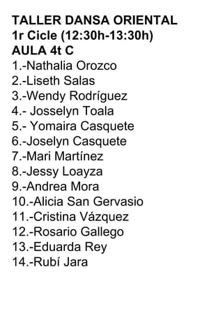 TALLER DANSA ORIENTAL  1r Cicle (12:30h-13:30h) AULA 4t C 1.-Nathalia Orozco 2.-Liseth Salas 3.-Wendy Rodríguez 4.- Josselyn Toala 5.- Yomaira Casquete 6.-Joselyn Casquete 7.-Mari Martínez 8.-Jessy Loayza 9.-Andrea Mora 10.-Alicia San Gervasio 11.-Cristina Vázquez 12.-Rosario Gallego 13.-Eduarda Rey 14.-Rubí Jara 