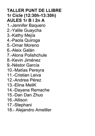 TALLER PUNT DE LLIBRE  1r Cicle (12:30h-13:30h) AULES 1r B i 2n A 1.-Jennifer Baquero 2.-Yalile Guaycha 3.-Kathy Mejía 4.-Paola Quiroga 5.-Omar Moreno 6.-Aleix Galán 7.-Alona Polishchule 8.-Kevin Jiménez 9.-Néstor García 10.-Matías Pereyra 11.-Cristian Leiva 12.-Andrea Pérez 13.-Elina MeliK 14.-Dayana Remache 15.-Dan Dan Zhuo 16.-Allison 17.-Stephani 18.- Alejandro Ametller 