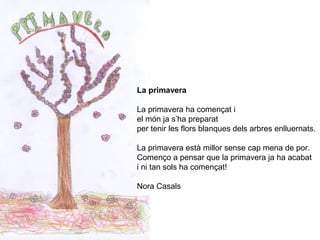 La primavera
La primavera ha començat i
el món ja s’ha preparat
per tenir les flors blanques dels arbres enlluernats.
La primavera està millor sense cap mena de por.
Començo a pensar que la primavera ja ha acabat
i ni tan sols ha començat!
Nora Casals
 