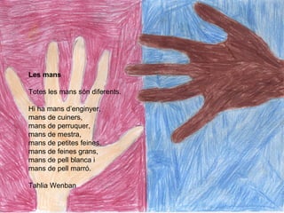Les mans
Totes les mans són diferents.
Hi ha mans d’enginyer,
mans de cuiners,
mans de perruquer,
mans de mestra,
mans de petites feines,
mans de feines grans,
mans de pell blanca i
mans de pell marró.
Tahlia Wenban
 