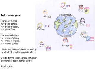 Todos somos iguales
Hay pelos largos,
hay pelos cortos,
hay pelos gruesos,
hay pelos finos.
Hay manos tristes,
hay manos felices,
hay manos limpias,
hay manos sucias.
Desde fuera todos somos distintos y
desde dentro todos somos iguales.
Desde dentro todos somos distintos y
desde fuera todos somos iguales.
Patrícia Ruíz
 