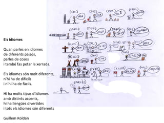 Els idiomes
Quan parles en idiomes
de diferents països,
parles de coses
i també fas petar la xerrada.
Els idiomes són molt diferents,
n’hi ha de difícils
i n’hi ha de fàcils.
Hi ha molts tipus d’idiomes
amb distints accents,
hi ha llengües divertides
i tots els idiomes són diferents
Guillem Roldan
 
