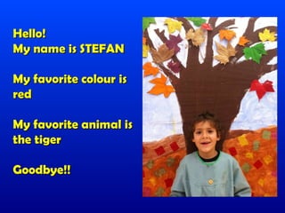 Hello!
My name is STEFAN

My favorite colour is
red

My favorite animal is
the tiger

Goodbye!!
 