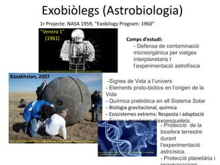 Exobiòlegs (Astrobiologia)
Camps d’estudi:
- Defensa de contaminació
microorgànica per viatges
interplanetaris I
l’experimentació astrofísica
1r Projecte: NASA 1959, “Exobilogy Program: 1960”
Kazakhstan, 2007
https://cnes.fr/en/web/CNES-en/6365-exobiology-from-the-cosmos-to-the-laboratory.php
-Signes de Vida a l’univers
- Elements proto-biòtics en l’origen de la
Vida
- Química prebiòtica en ell Sistema Solar
- Biologia gravitacional, química
- Ecosistemes extrems: Resposta i adaptació
- Física i mecànica d’exoesquelets.
https://sciences-techniques.cnes.fr/en/web/CNES-en/11736-st-exobiology-
and-planetary-protection.php
http://www.drewexmachina.com/tag/soviet-venus-missions/
“Venera 1”
(1961)
- Protecció de la
biosfera terrestre
durant
l’experimentació
astroísica.
- Protecció planetària i
 