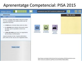 Aprenentatge Competencial: PISA 2015
http://www.mecd.gob.es/dctm/inee/internacional/pisa-2015/presentacion-pisa-
2015-resolucion-problemas.pdf?documentId=0901e72b81c38e4a
 