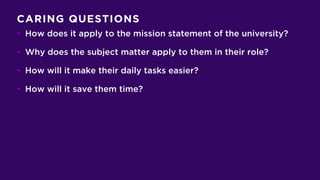 CARING QUESTIONS
• How does it apply to the mission statement of the university?
• Why does the subject matter apply to them in their role?
• How will it make their daily tasks easier?
• How will it save them time?
 