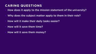 CARING QUESTIONS
• How does it apply to the mission statement of the university?
• Why does the subject matter apply to them in their role?
• How will it make their daily tasks easier?
• How will it save them time?
• How will it save them money?
 