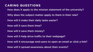 CARING QUESTIONS
• How does it apply to the mission statement of the university?
• Why does the subject matter apply to them in their role?
• How will it make their daily tasks easier?
• How will it save them time?
• How will it save them money?
• How will it help drive traffic to their webpage?
• How will it encourage end-users to open an email or click a link?
• How will it spread awareness about their events?
 