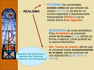 REALISMO EXTREMO : los universales  existen   antes  de que existan las cosas ( ante rem ), ya sea en un mundo separado y absolutamente trascendente ( Platón ) o en la mente divina ( San Agustín ).  MODERADO : de corte aristotélico. Para  Aristóteles  el universal existe  en la cosa  ( in re ), siendo su forma o esencia, como postuló en su teoría hilemórfica. Sto.   Tomás de Aquino  afirma que el universal existe  exclusivamente en el alma , siendo producto de una abstracción ( post rem o in anima ). Anselmo de Canterbury  Bernard de Chartres  Guillermo de Champeaux 