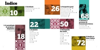26 
Índice 
1. Introdução 
4. Perspectiva geral 
Quanto vale a boa comunicação interna 13 
Empresa, Gestor, Grupo, Indivíduo 26 
10 
Por que fazer pesquisa? 14 
Disseminando a estratégia 29 
A Santo de Casa 16 
Como os gestores se comunicam 32 
Carência de integração e sede de informação 34 
Participação e Retenção 35 
Pecando pelo excesso 36 
Outros comparativos 37 22 50 
3. A amostra 
Universo 22 
Segmento econômico 22 
Distribuição geográfica 22 
Tempo de empresa 22 
Faixa etária 22 
Escolaridade 23 
Porte 23 
Nível hierárquico 23 
Função 23 
5. Desempenho 
dos canais 
Avaliação dos canais 50 
E-mail 53 
Newsletter/E-mail Mkt 56 
Jornal 58 
Mural 60 
Intranet/Portal 62 
Revista 64 
Artigo: Comunicação para 
educar - Camila Lustosa 66 
68 
6. Estrutura e 
processos de 
Comunicação Interna 
RH ou Marketing? 68 
A comunicação face a face 70 
Profissional de Endomarketing 71 
O desafio no 
Setor Público 
Artigo - Lisiane Dias 72 
2. A metodologia 
de pesquisa e 
diagnóstico 
Modelo combinado 18 
Resultados 20 
18 
72 
8 9 
 