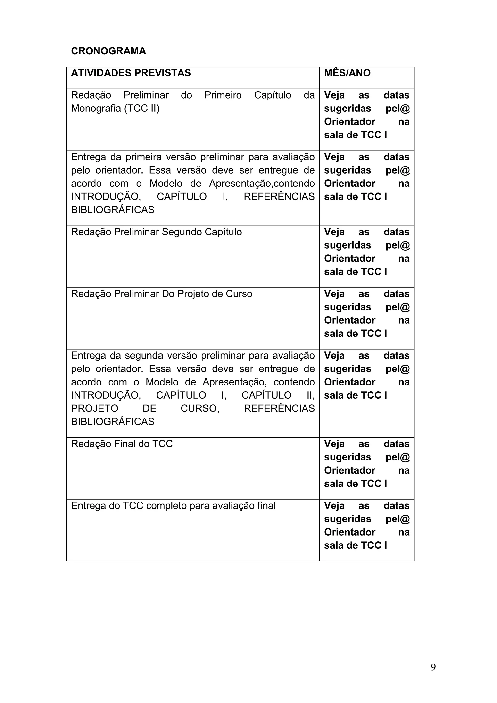 9
CRONOGRAMA
ATIVIDADES PREVISTAS MÊS/ANO
Redação Preliminar do Primeiro Capítulo da
Monografia (TCC II)
Veja as datas
sugeridas pel@
Orientador na
sala de TCC I
Entrega da primeira versão preliminar para avaliação
pelo orientador. Essa versão deve ser entregue de
acordo com o Modelo de Apresentação,contendo
INTRODUÇÃO, CAPÍTULO I, REFERÊNCIAS
BIBLIOGRÁFICAS
Veja as datas
sugeridas pel@
Orientador na
sala de TCC I
Redação Preliminar Segundo Capítulo Veja as datas
sugeridas pel@
Orientador na
sala de TCC I
Redação Preliminar Do Projeto de Curso Veja as datas
sugeridas pel@
Orientador na
sala de TCC I
Entrega da segunda versão preliminar para avaliação
pelo orientador. Essa versão deve ser entregue de
acordo com o Modelo de Apresentação, contendo
INTRODUÇÃO, CAPÍTULO I, CAPÍTULO II,
PROJETO DE CURSO, REFERÊNCIAS
BIBLIOGRÁFICAS
Veja as datas
sugeridas pel@
Orientador na
sala de TCC I
Redação Final do TCC Veja as datas
sugeridas pel@
Orientador na
sala de TCC I
Entrega do TCC completo para avaliação final Veja as datas
sugeridas pel@
Orientador na
sala de TCC I
 