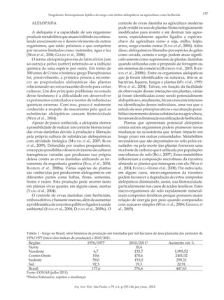 Sorgoleone: benzoquinona lipídica de sorgo com efeitos alelopáticos na agricultura como herbicida.

ALELOPATIA
A alelopatia é a capacidade de um organismo
produzir metabólitos que atuam inibindo ou estimulando crescimento ou o desenvolvimento de outros
organismos, que estão próximos e que competem
por recursos limitados como: nutrientes, água e luz
(Weir et al., 2004; Golisz et al., 2008).
O termo alelopatia provém do latin allelon (um
ao outro) e pathos (sofrer) referindo-se a inibição
química de uma espécie por outra. Em torno de
300 antes de Cristo o botânico grego Theophrastus
foi, possivelmente, a primeira pessoa a reconhecer as propriedades alelopáticas das plantas
relacionando-as com a exaustão do solo para certas
culturas. Um dos principais problemas no estudo
desse fenômeno é a dificuldade em desenvolver
experimentos controlados e isentos de influências
químicas externas. Com isso, pouco é realmente
conhecido a respeito do mecanismo pelo qual as
substâncias alelopáticas causam fitotoxicidade
(Weir et al., 2004).
Apesar de pouco conhecida, a alelopatia oferece
a possibilidade de realizar um controle biorracional
das ervas daninhas devido à produção e liberação
pela própria cultura de substâncias aleloquímicas
com atividade biológica (Macías et al., 2007; Blair
et al., 2009). Defendida por muitos pesquisadores,
essa opção possibilita o desenvolvimento de culturas
transgênicas variadas que produzam sua própria
defesa contra as ervas daninhas utilizando as ferramentas da engenharia genética (Bais, et al., 2004;
Baerson et al., 2008a). Várias espécies de plantas
são conhecidas por produzirem aleloquímicos em
diferentes partes como folhas, flores, sementes,
frutos e raízes. Esta produção pode ocorrer tanto
em plantas vivas quanto, em alguns casos, mortas
(Yang et al., 2004).
O controle de ervas daninhas com herbicidas,
embora efetivo, é bastante oneroso, além de aumentar
a problemática de conceitos públicos ligados à saúde
ambiental (Yang et al., 2004; Dayan et al., 2009a). O

controle de ervas daninha na agricultura moderna
pode residir no uso de plantas biotecnologicamente
modificadas para resistir e até destruir tais agressores, especialmente aqueles ligados a espécieschave da agricultura como a soja, milho, feijão,
arroz, sorgo e tantas outras (Yang et al., 2004). Além
disso, aleloquímicos liberados por espécies de grãos
como cevada, centeio e sorgo podem atuar significativamente como supressores de plantas daninhas
quando utilizadas com o propósito de forragem ou
em sistemas de consórcio (Baerson et al., 2005; Baerson et al., 2008b). Entre os organismos alelopáticos
que já foram identificados na natureza, têm-se as
bactérias, liquens, fungos e plantas (Wu et al., 1999;
Weir et al.; 2004). Talvez, em função da facilidade
de observação dessas interações em plantas, várias
já foram identificadas como sendo potencialmente
alelopáticas e, atualmente, há um crescente interesse
na identificação desses indivíduos, uma vez que o
estudo de seus princípios ativos e sua atuação possibilita o incremento destas substâncias na agricultura,
favorecendo a diminuição na utilização de herbicidas.
Plantas que apresentam potencial alelopático
contra outros organismos podem promover novas
mudanças no ecossistema que teriam impacto em
longo prazo em outras comunidades. Metabólitos
secundários que são depositados no solo pelos exsudados ou pela morte das plantas fornecem uma
rica fonte de carbono que é utilizada por populações
microbianas do solo (Belz, 2007). Esses metabólitos
influenciam a composição microbiana da rizosfera
afetando as plantas que interagem com ela (Weir et
al., 2004; Funnell-Harris et al., 2008). Por outro lado,
em alguns casos, micro-organismos da rizosfera
podem favorecer a degradação de certos compostos
alelopáticos diminuindo, assim, sua fitotoxicidade,
particularmente nos casos de ácidos fenólicos. Estes
micro-organismos do solo rapidamente mineralizam compostos fenólicos porque possuem maior
relação de energia por peso quando comparados
com açúcares simples (Weir et al., 2004; Gimsing et
al., 2009).

Tabela 1 - Sorgo no Brasil, série histórica da produção em toneladas por mil hectares de área plantada dos períodos de
1976/1977 (início dos índices de produção) e 2010/2011.

Região
Norte
Nordeste
Centro-Oeste
Sudeste
Sul
Brasil

Fonte: CONAB (julho 2011)
*Dados Estimados: sujeitos a mudanças

1976/1977
6,7
19,6
59,0
92,3
177,6

2010/2011*
18,4
133,7
470,6
153,0
19,3
776,6

Arq. Inst. Biol., São Paulo, v.79, n.1, p.135-144, jan./mar., 2012

Aumento em %
1,995,52
2401,02
259,32
20,91
447,63

137

 